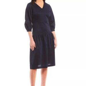 J.Mclaughlin Dara sateen 3/4 latern sleeve drop waist midi dress Navy Blue Sz S